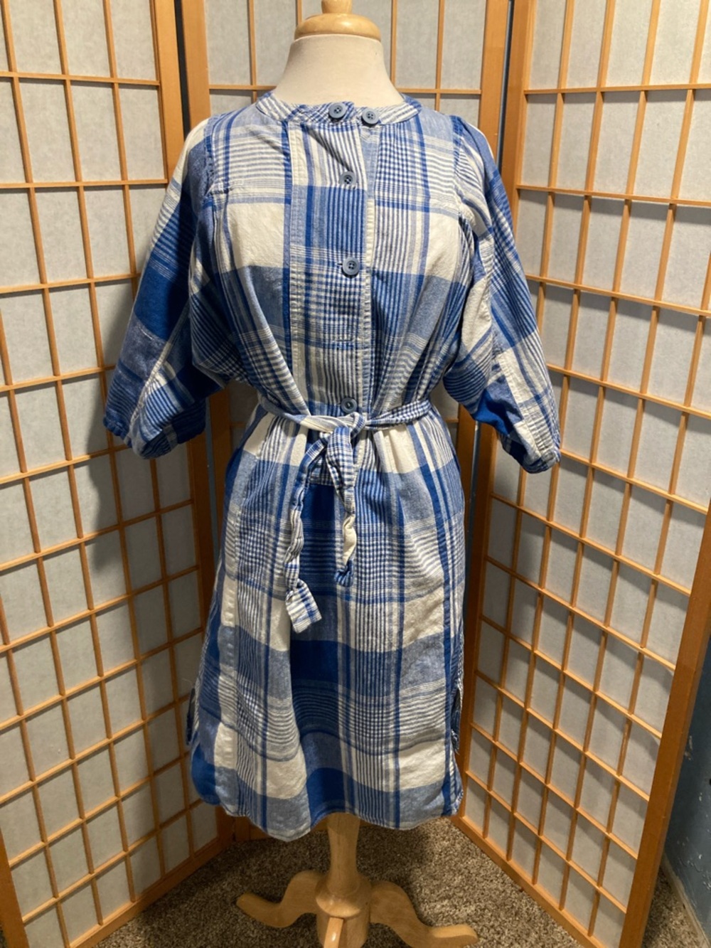 Razzle Brand Blue and White Plaid Button-Front Tie-Waist Dress Size M